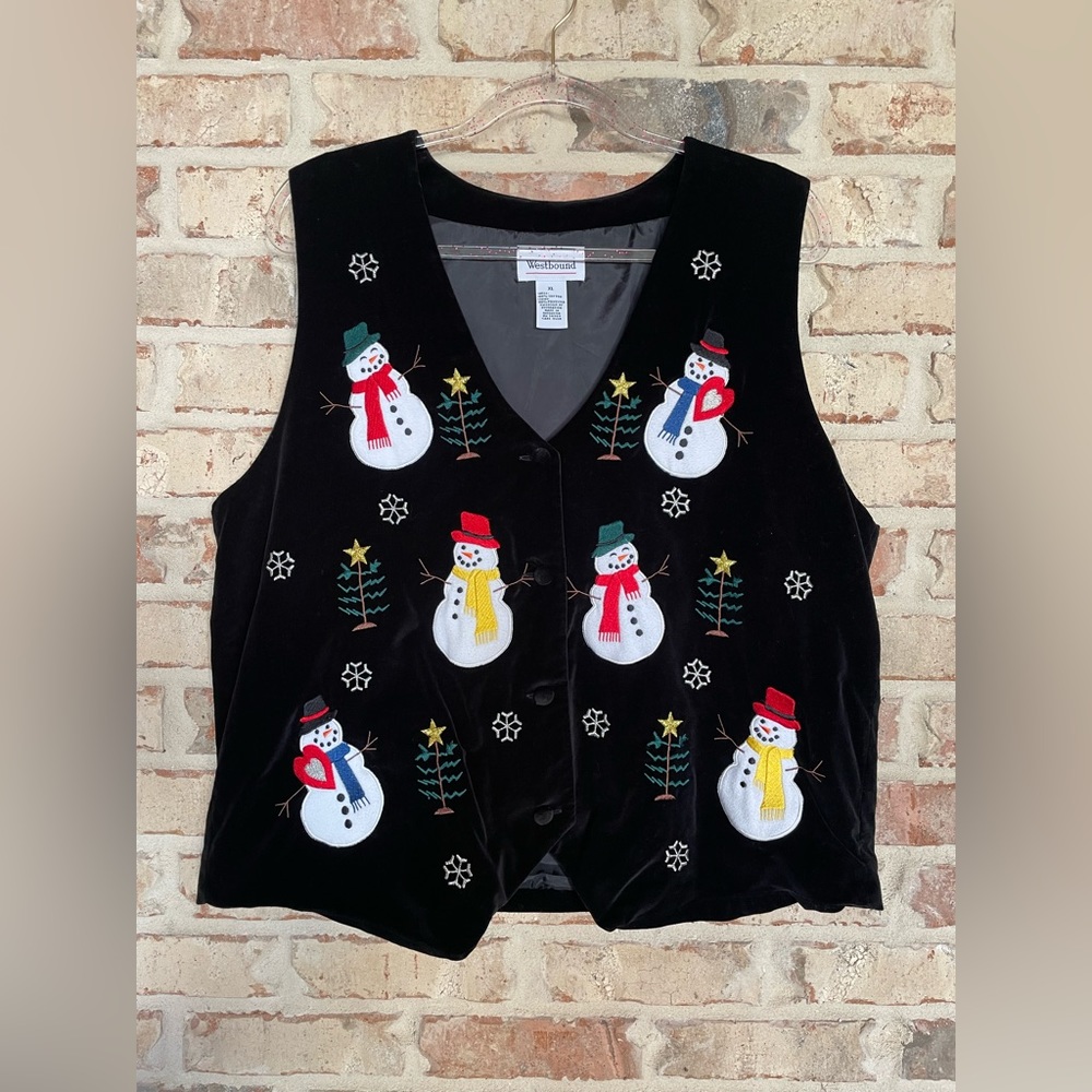 WESTBOUND Black Velvet Texture Snowman Christmas Holiday Vest Women’s Size XL
